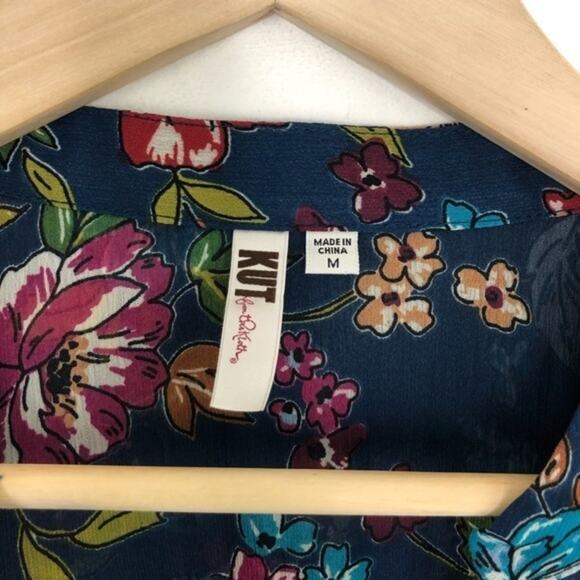 Kut from the Kloth Blue Floral Sheer Top Blouse Size Medium - Picture 11 of 13